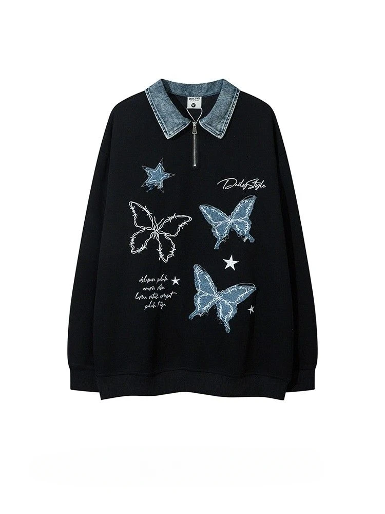 Американский джинсовый свитшот с нашивкой-бабочкой и вышивкой на полумолнии