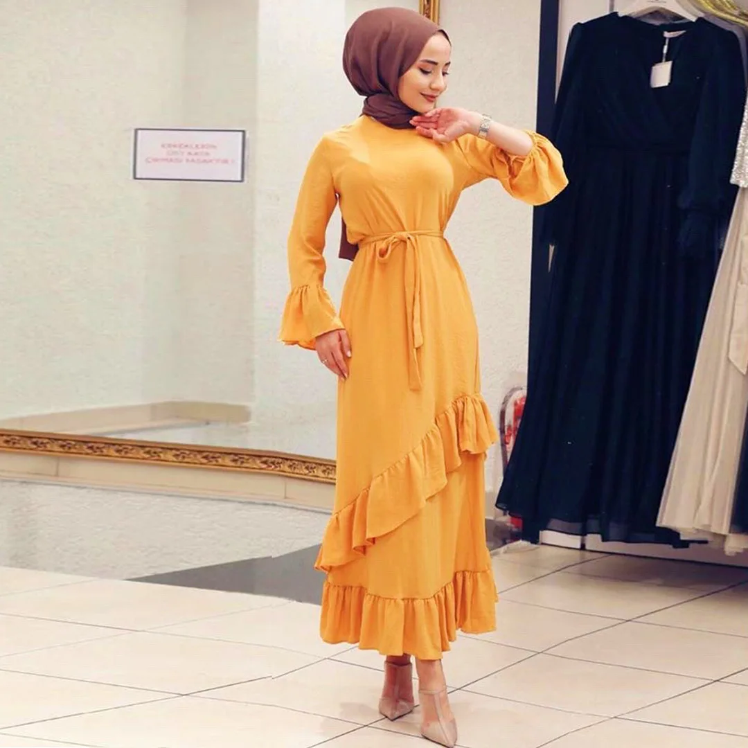 Muslim Fashion Ethnic Long Dress with Ruffle Edge Panel Flare Sleeve Kaftans for Women Muslim Dress Modest Hijab Dress Abayat