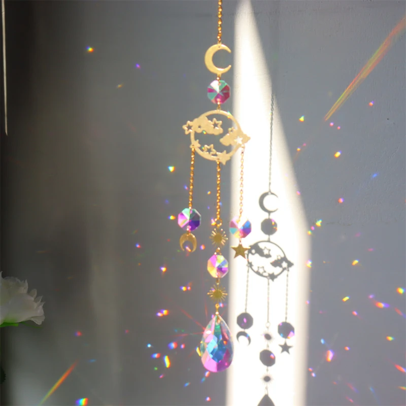 Butterfly Crystal Wind Chimes Moon Sun Catchers Prisms Pendant Light Catcher Rainbow Chaser Hanging Ornaments Home Garden Decor