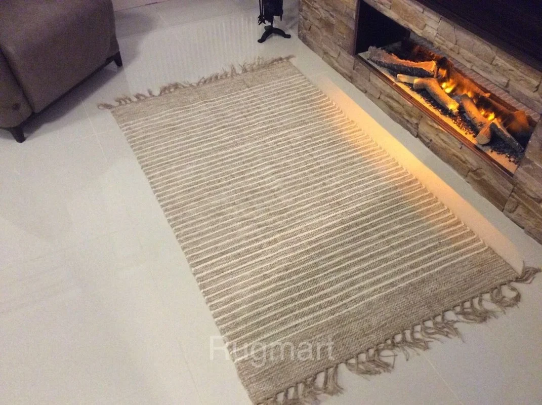 

Rugs Striped Natural Cotton Jute Hand Loomed Cream Beige Washable Reversible Area Rugs