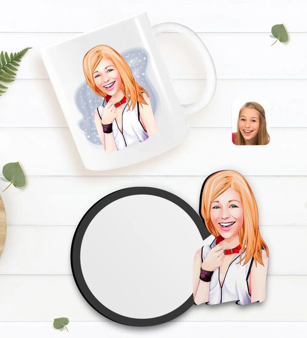 

Персонализированная Женская карикатура на белую кружку и деревянную подставку в подарок