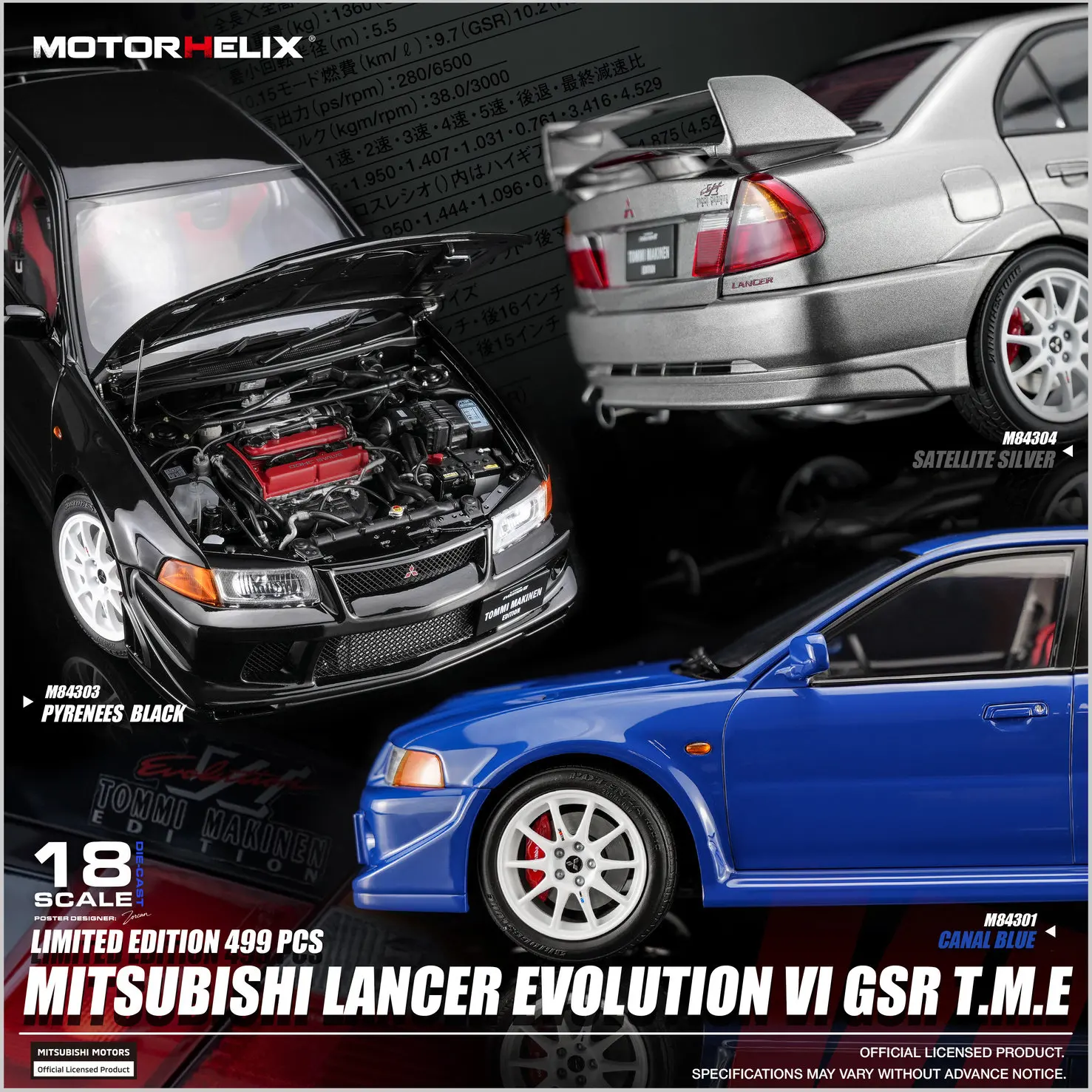 Фото Коллекционная модель автомобиля Motorhelix 1:18 Mitsubishi Evolution VI (6.5) из сплава, лимитированная серия, украшение для рабочего стола №2