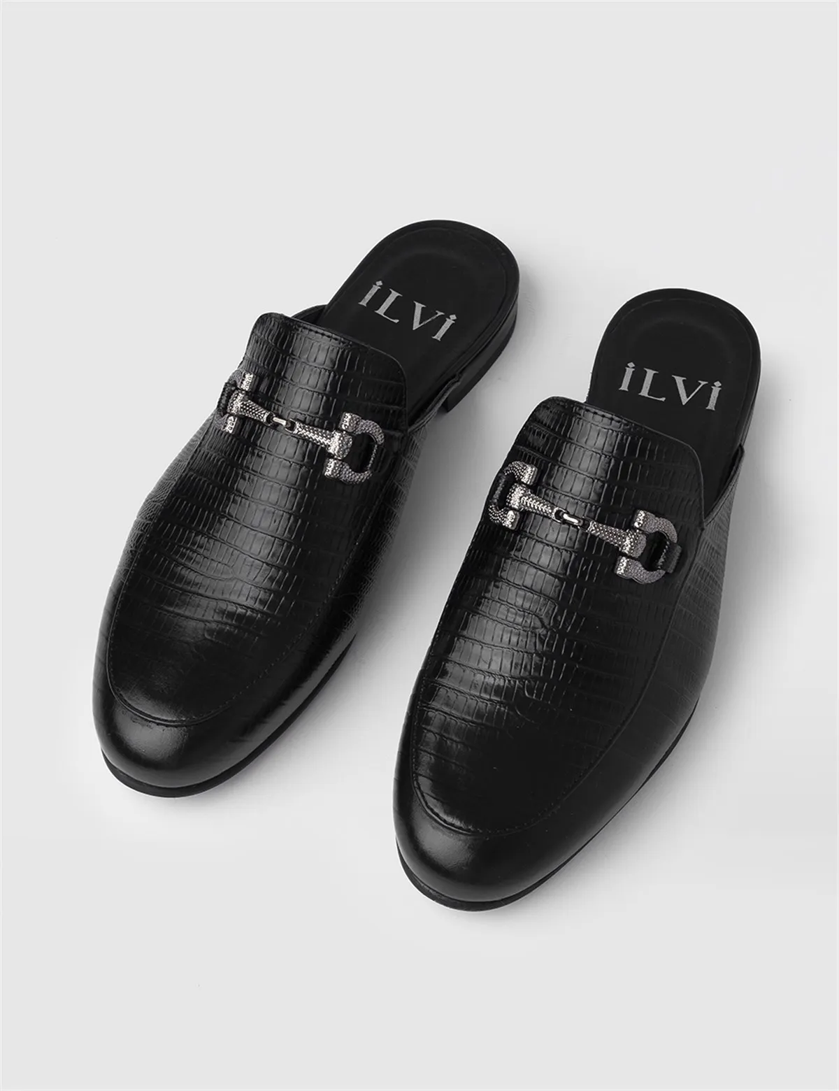 

ILVi-Genuine Leather Handmade Mildri Black Leather Lizard Men's Slipper Men Shoes 2022 Spring/Summer