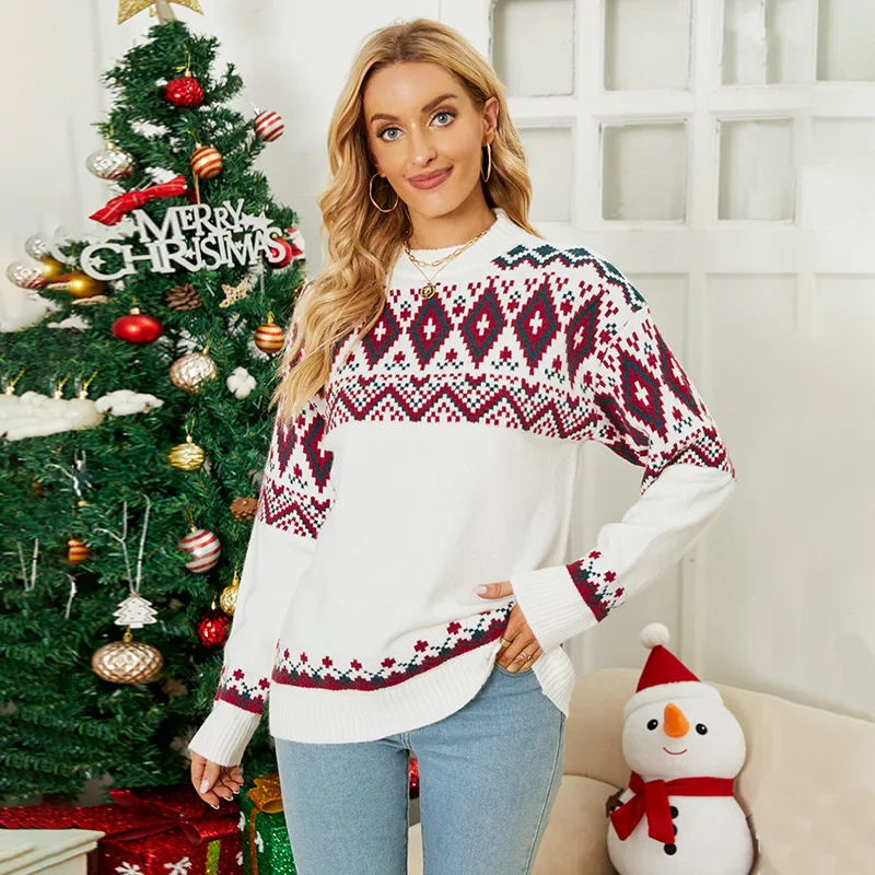 

2022 Winter Christmas Celebrate Women Sweaters Full Sleeve Print Color Round Neck Autumn Casual Knitting Female Pullovers C4289