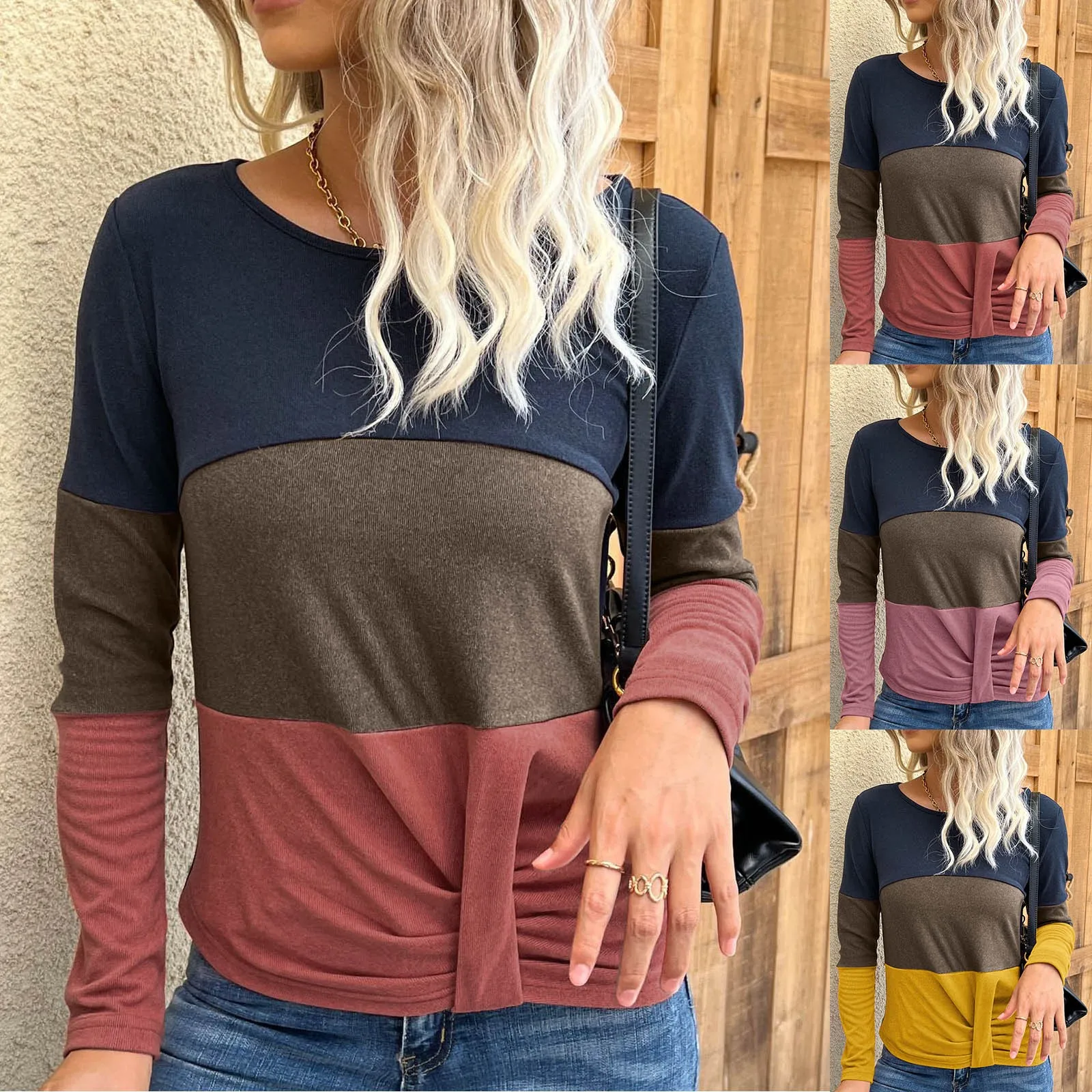 

Vintage Tshirts 2022 Fashion Elegant Womens Casual Long Sleeve T Shirts Color Block Crew Tops Fall Winter T Shirts and Shirts