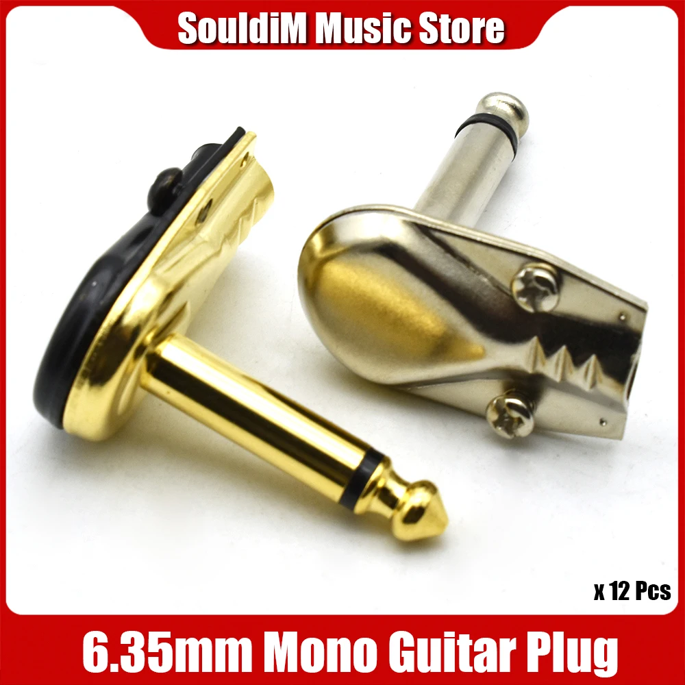 

12pcs Flat Type Mono 6.35 Angle Audio Cable Plug 1/4' Mono Plug Metal Plug Guitar Effect Patch Cable Plug Gold/Chrome