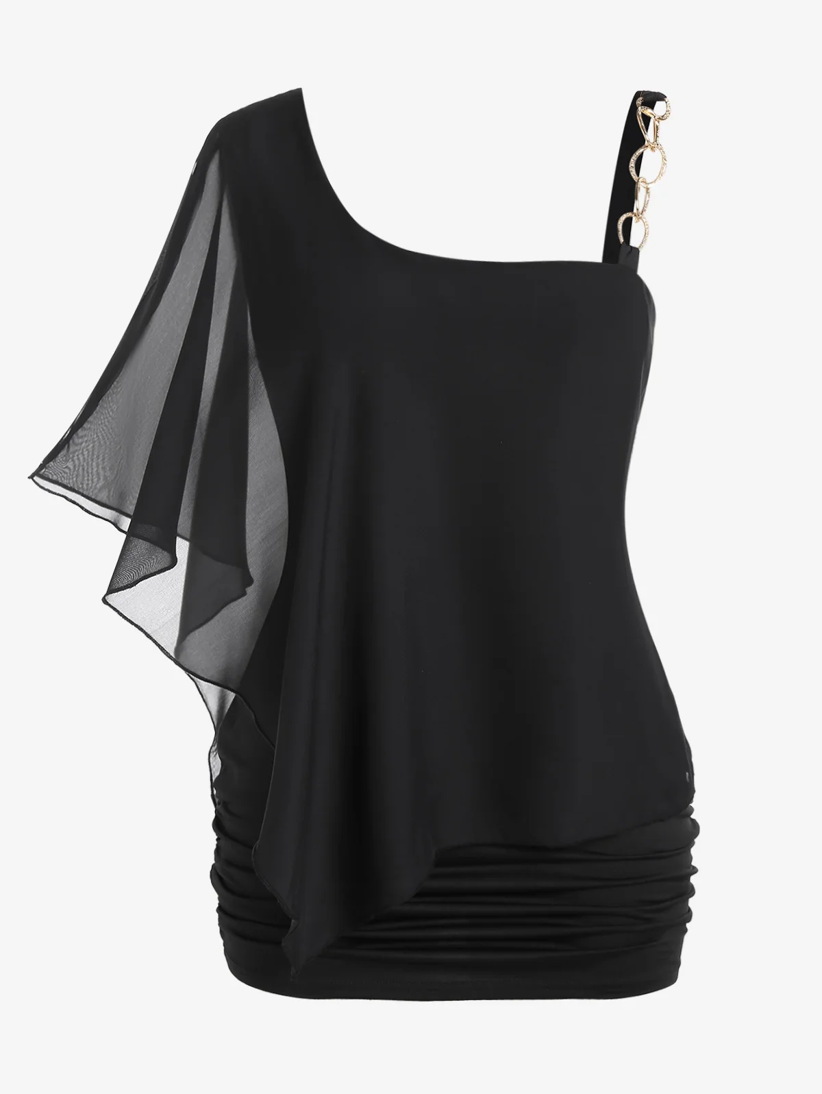 

ROSEGAL Plus Size Mesh Overlay Chain Skew Neck Tops 2023 Fashion Women's Streetwear T-shirts Half Flutter Sleeve Tees Black 4XL