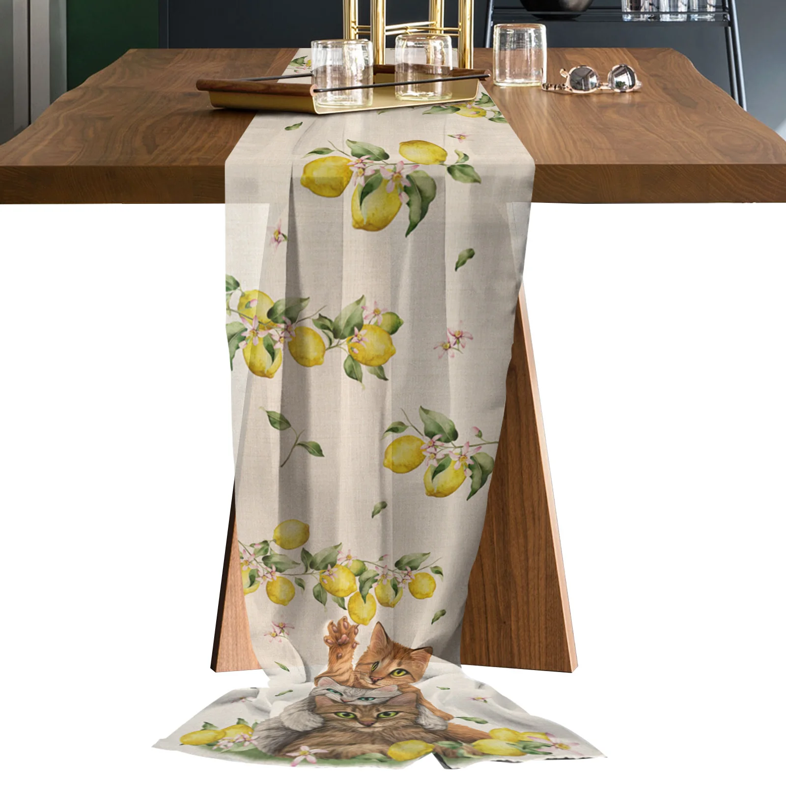 

Summer Fruit Lemon Cat Table Runner Sheer Chiffon Luxury Boho Wedding Party Birthday Gauze Tablecloth