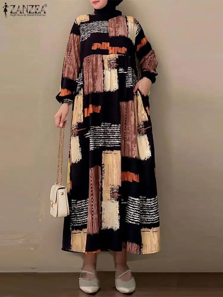 

Модное женское мусульманское платье ZANZEA с цветочным принтом, Осенний винтажный праздничный сарафан с длинным рукавом, Дубай, Турция, Abaya, хиджаб, Vestido