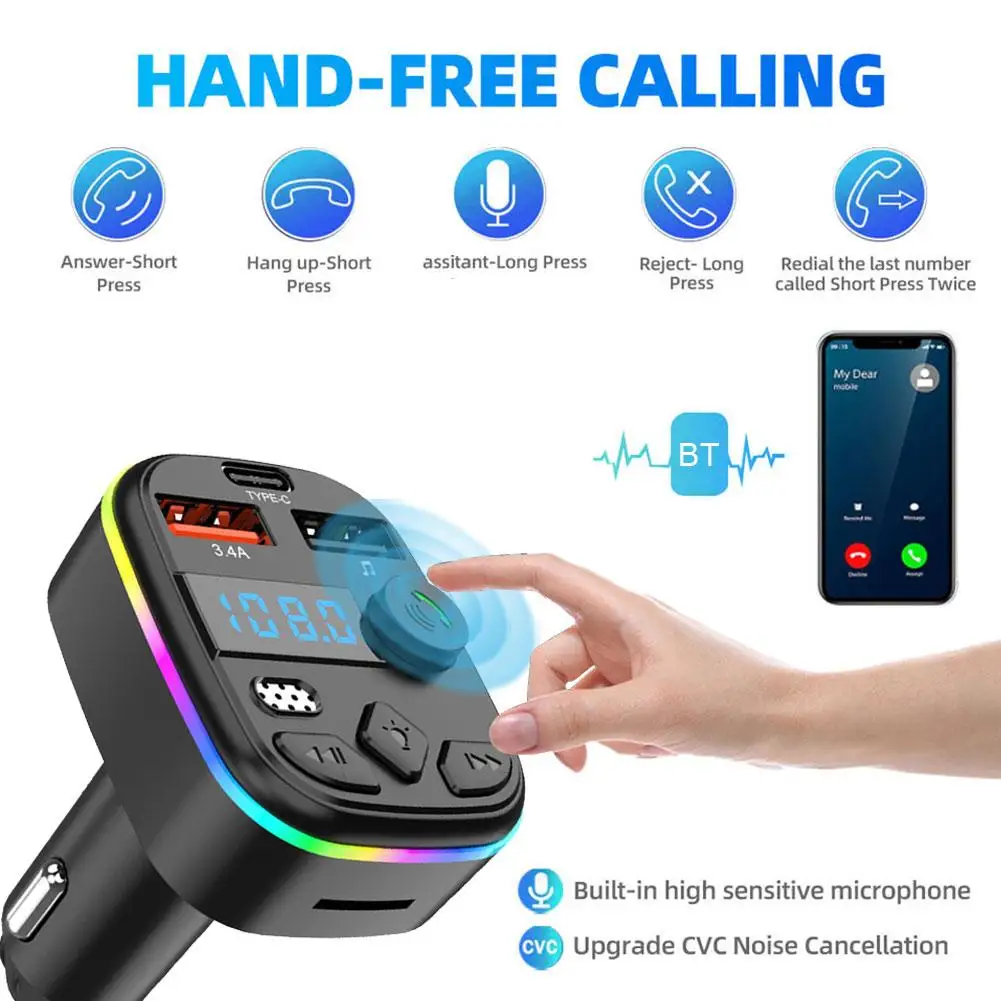 

Car Bluetooth 5.0 FM Transmitter PD Type-C Dual USB Modulator Light Fast Ambient 3.4A Player Colorful Handsfree MP3 Charger S5Z0