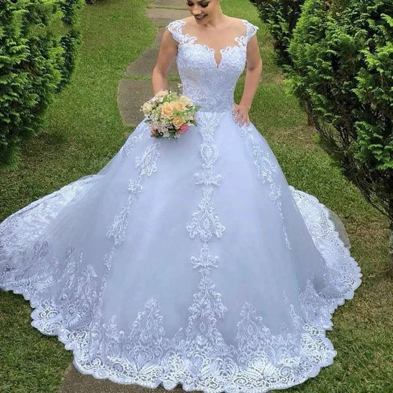 

Ball Gown Cheap Illusion Vestido De Noiva Round Neck Princess Appliques For Luxury Wedding Dress Sexy Mariee Back