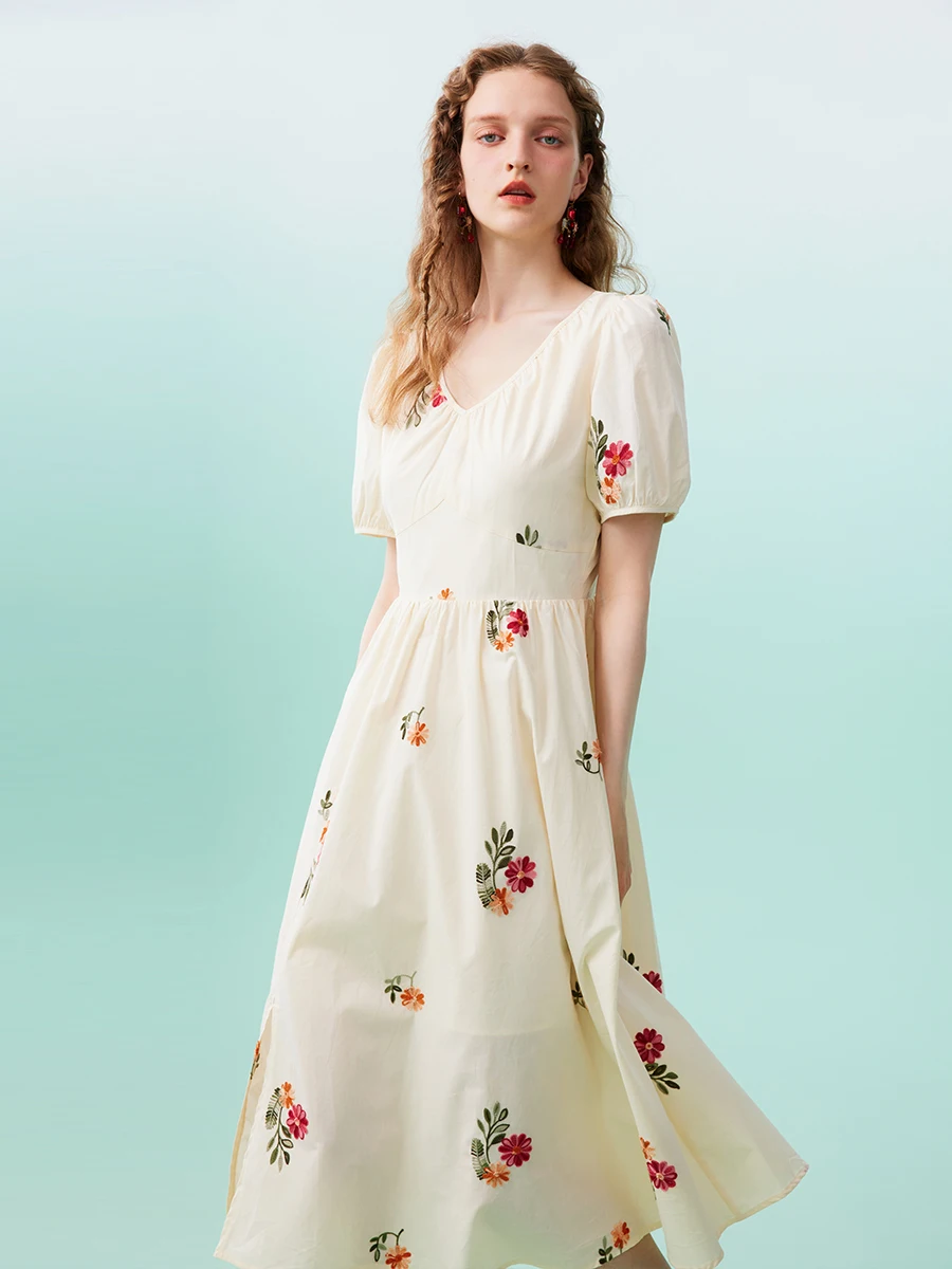 

86-94cm Chest / Spring Summer Women Elegant Apricot Floral Embroidered Flowy Dresses