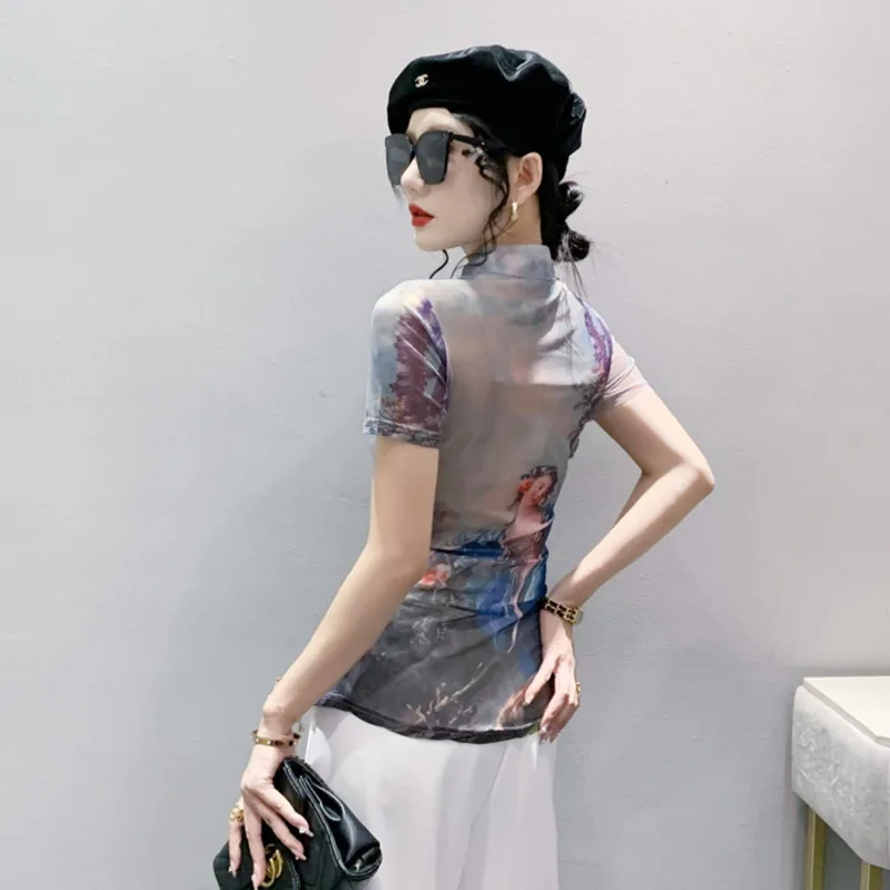 # 5709 Летняя футболка женская с воротником-стойкой винтажная узкая сетчатая