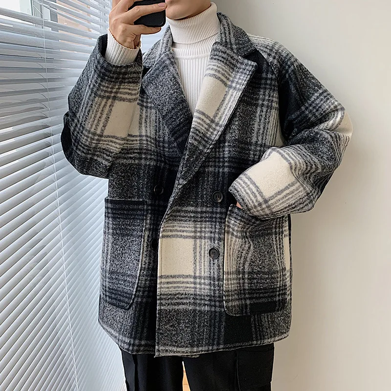

2021 New Winter Plaid Woolen Coat Men's Loose Suit Coat Short Woolen Trench Coat Fashion