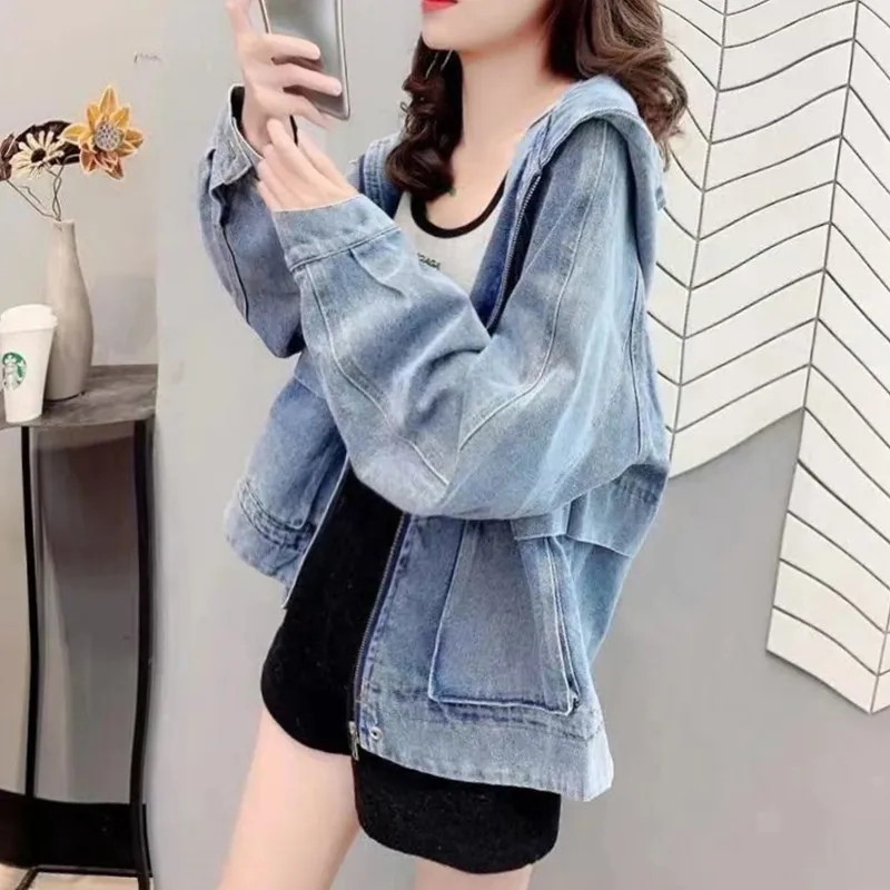 

Korean Fashion Streetwear Hooded Sweatshirts Casual Patchwork Pocket Denim Long Sleeve Zip Up Hoodie Jean Jacket for Women Cloth