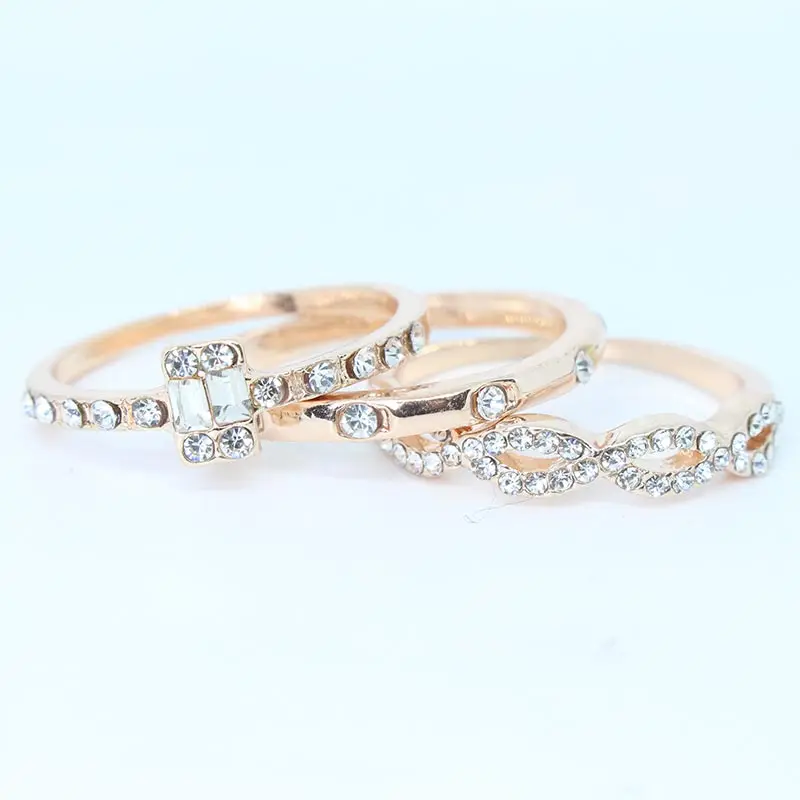

3pcs Rose Gold Color Geometric Rings Set for Women Luxury Clear Crystal Women's Promise Ring Female Wedding Jewelry Accessories