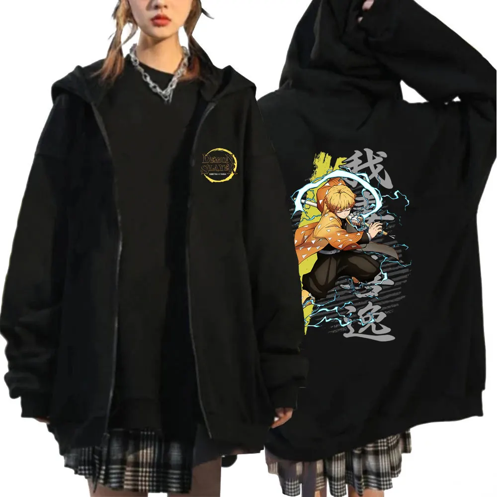 

Толстовка с капюшоном на молнии для мужчин и женщин, аниме рассекающий демонов, Agatsuma Zenitsu, Повседневная Свободная куртка, свитшот на молнии