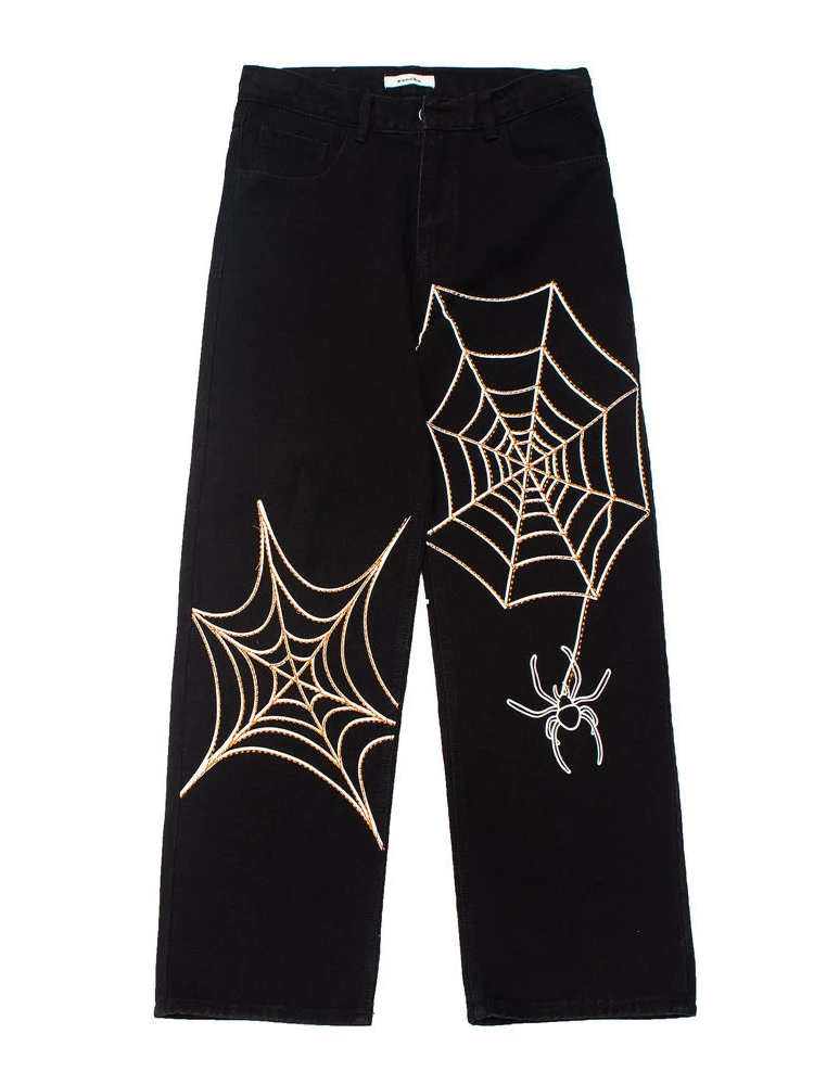 Oversized Spider Web Embroidery Straight Casual Jeans Pants Unisex Vibe Style Loose Denim Trouser Autumn Winter Streetwear Black