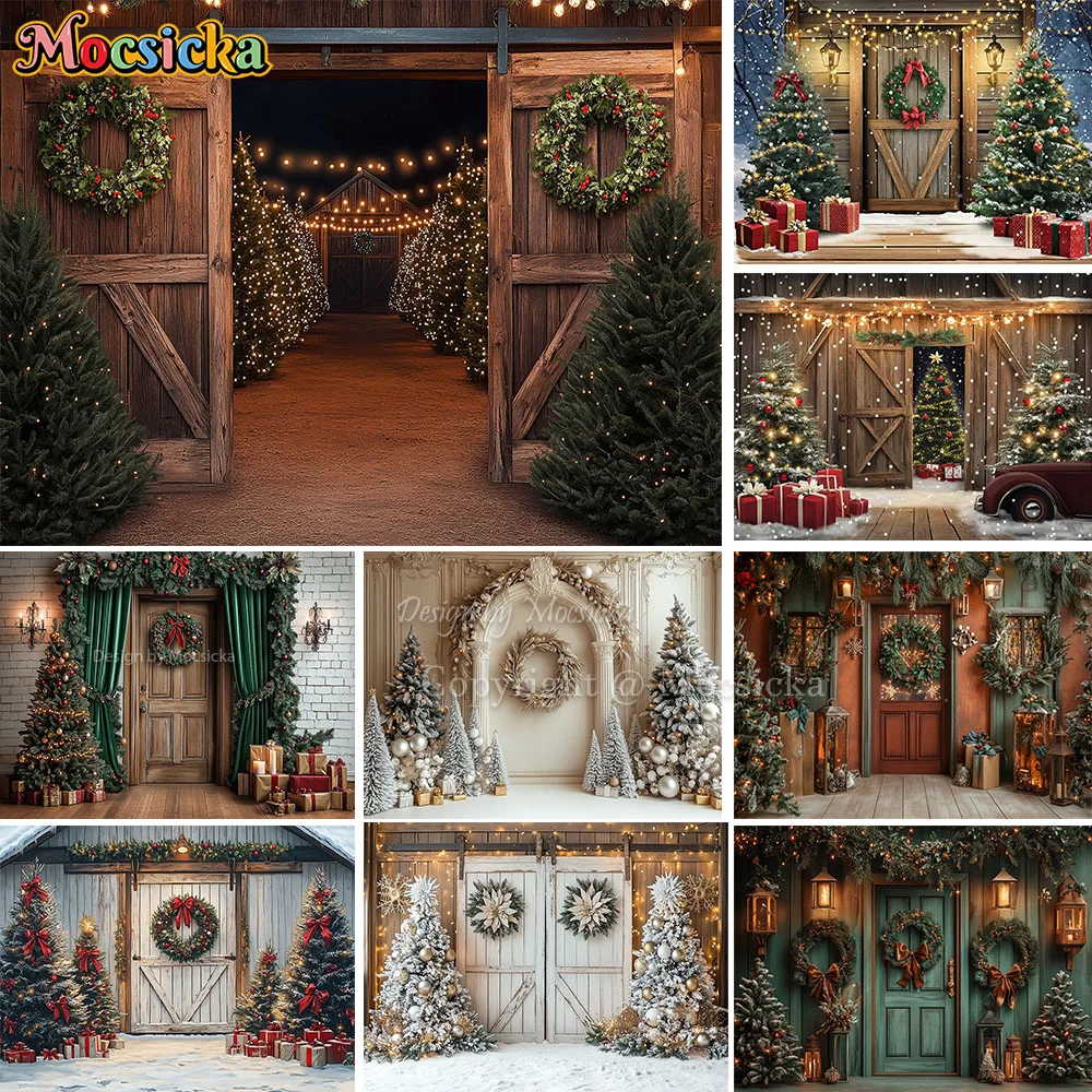 Фото Mocsicka Christmas Tree Farm Backdrop Photography Wooden Barn Door Glitter Lights Background Family Child Outdoor Photo Studio №1