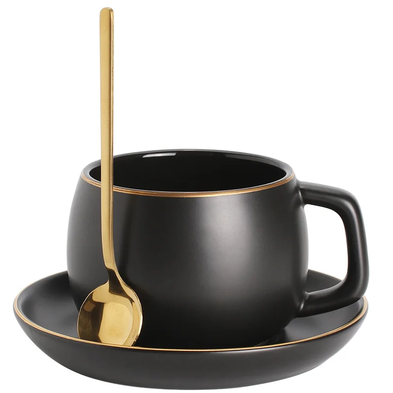 

Nordic Style Tea Coffee Cup Saucer Spoon Sets Ceramic Mate Golden Rim Drink Cups Wedding Simple Black Xicara Afternoon Teaware