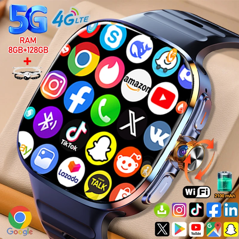 Фото 8 ГБ + 128 ГБ ОЗУ 5G/4G Android 9,0 Смарт-часы 2,4 дюйма AMOLED 2100 мАч Батарея 900 Вт Камера GPS WIFI Google APPS Загрузка Smartwatch №1