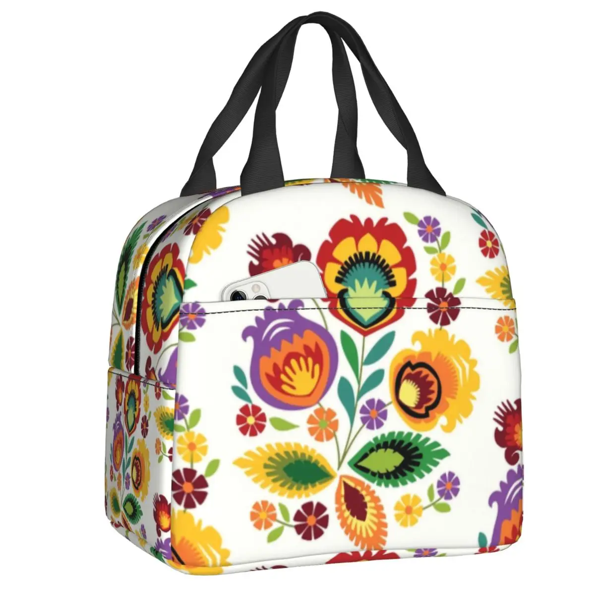 

Polish Folk Flowers Portable Lunch Box Poland Floral Print Cooler Thermal Food Insulated Lunch Bag for Women Kids Picnic Bags