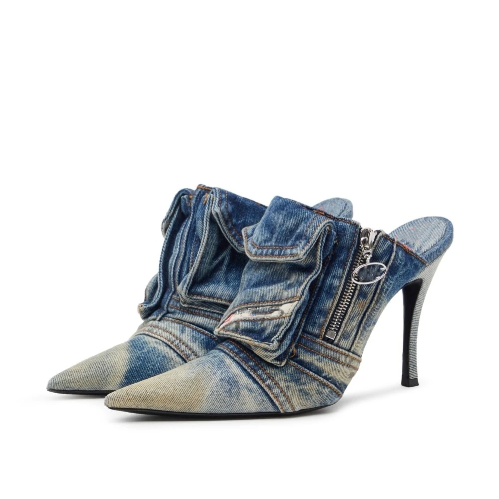 Spring/Summer Women's Denim Pocket Patchwork Pointy Toe Zipper Decor Super High Heel Shoes  Baotou Slipper Stiletto Heels Sandal