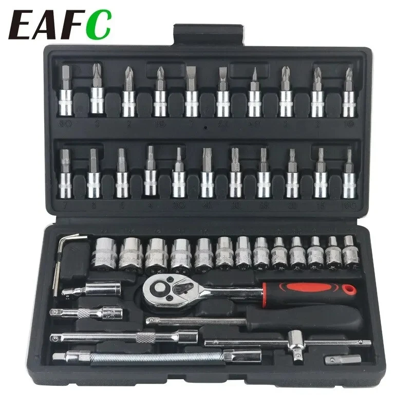 

46pcs Car Repair Tool Kit 1/4-Inch Socket Set Car Repair Tool Ratchet Torque Wrench Combo Auto Repairing Set Mechanic Tool