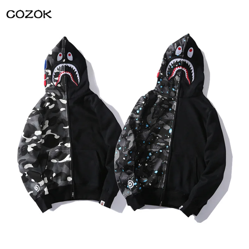 

Мужская повседневная толстовка с капюшоном Bape, светящаяся кофта в стиле пэчворк с изображением звездного неба, акулы, Свитшот в стиле Харад...