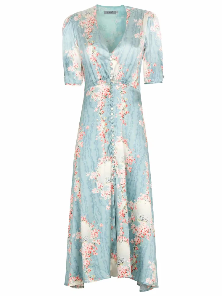 

Blue Bottom Floral Puff Sleeve Dress Summer Women Satin French Sexy V-neck Chic Beautiful Versatile Style 2023 Luxury Designer