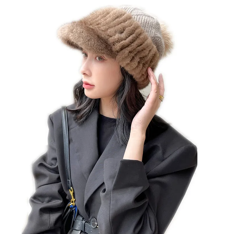 Winter Real Mink Fur Hat Women High Quality Luxurious Visors Natural Fur Warm Cap with Wool