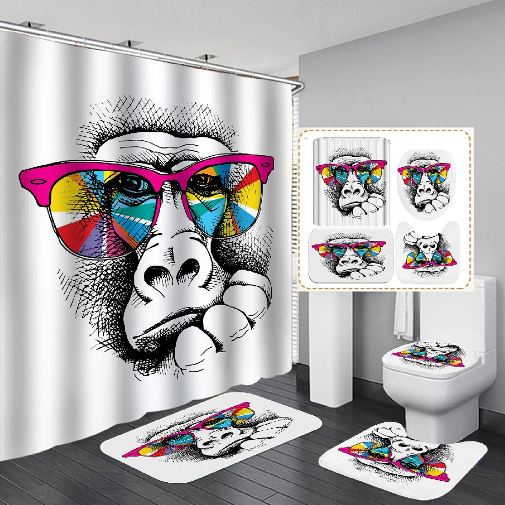 

Starblue-hgs, Animal Gorilla Shower Curtain Bathroom Tub Carpet Waterproof Shower Curtain Set Toilet Mat Set Anti-Slip