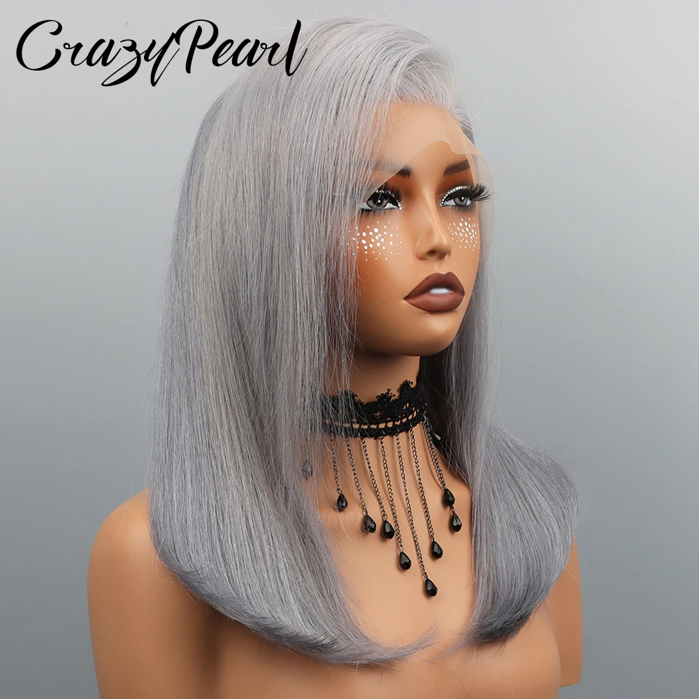 Фото Серый парик CrazyPearl из натуральных волос, прямой, с фронтальной шнуровкой 13x4, предварительно прорезанный, 10 дюймов, короткий парик из натуральных волос №1