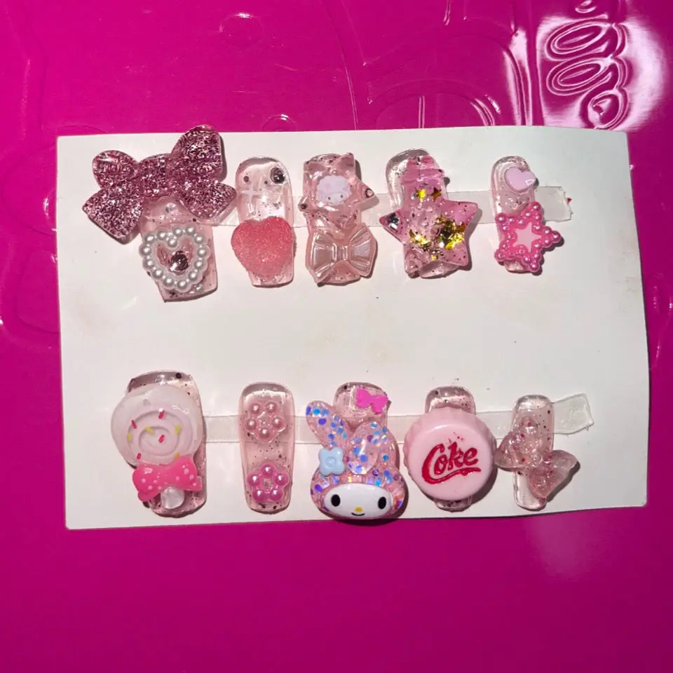 

Kawaii Sanrio My Melody Cartoon Press on Nails Y2K Handmade Anime Toy False Tips 3D Fake Nails Stickers Hot Girl accessories DIY