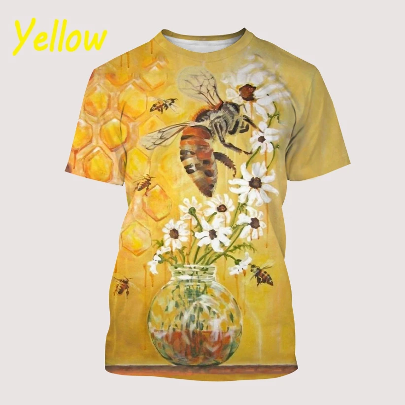 

3D Bee Print Short Sleeve T-shirt Men's Unisex Summer Fashion Harajuku Casual Stretchy Street Wear Bee Print Men's Wear