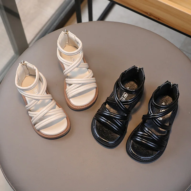 2023 Summer Leather Gladiator Sandals for Children Girls White Black Fashion Shoes Princess Girls Designer Sandal Toddler Shoes