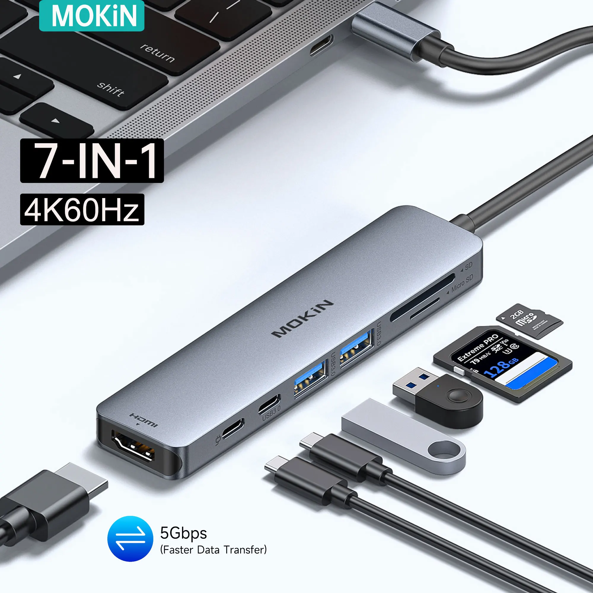 USB-концентратор MOKiN 7 в 1, 4K 60 Гц на HDMI, док-станция с PD 100 Вт ...