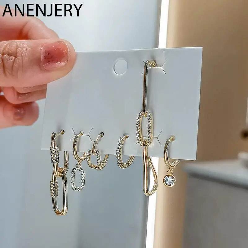 

Женские квадратные серьги-кольца ANENJERY, 6 шт./компл., овальные серьги серебристого цвета с микро-инкрустацией из фианита, набор геометрически...