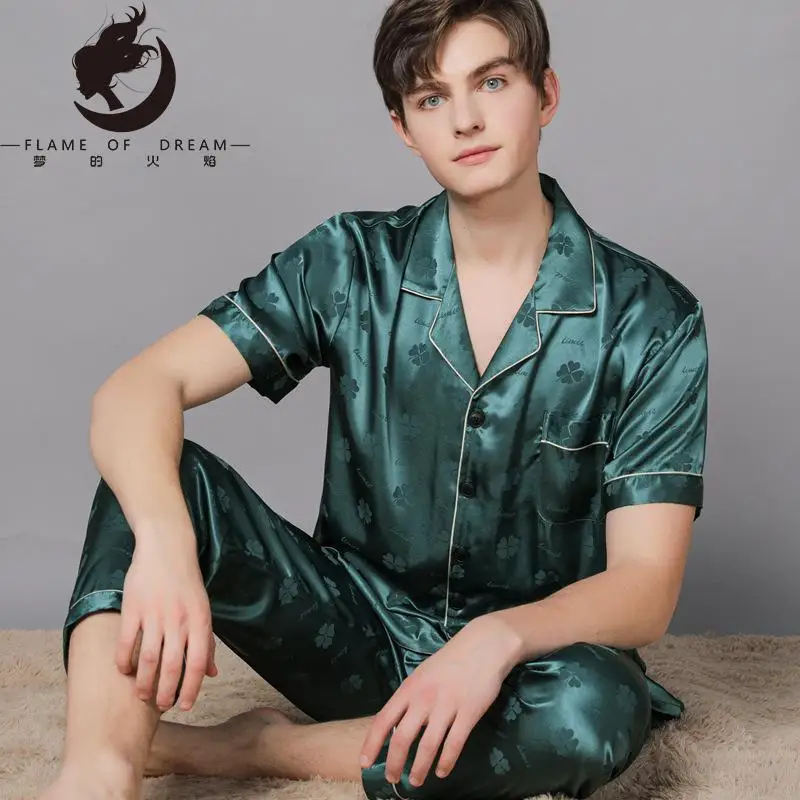 Flame Of Dream New Spring And Autumn Silk Pajamas Autumn Ice Silk Men's Pajamas Home Clothes Short Sleeve Large Suit 221044