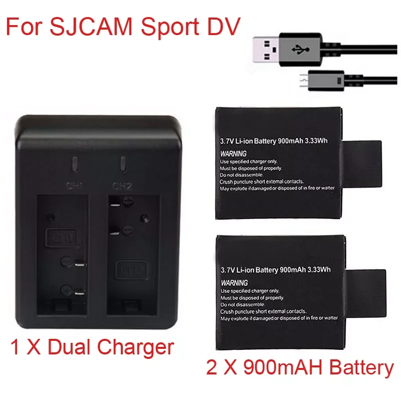 

900mAh 3.7v Replacement Battery+ Dual Charger for SJ4000 SJ5000 SJ6000 Battery Sport DV Camera Accessories for SJCAM SJ 4000
