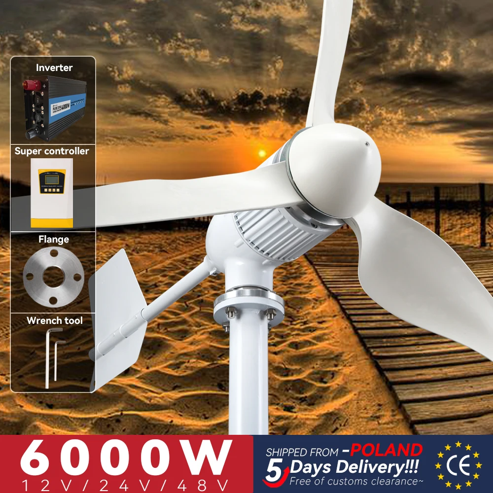 

6KW Turbine Generator Household Wind Power 3 Blades 24V 48V Free Energy With Super Hybrid Charger Controller Off Grid Inverter