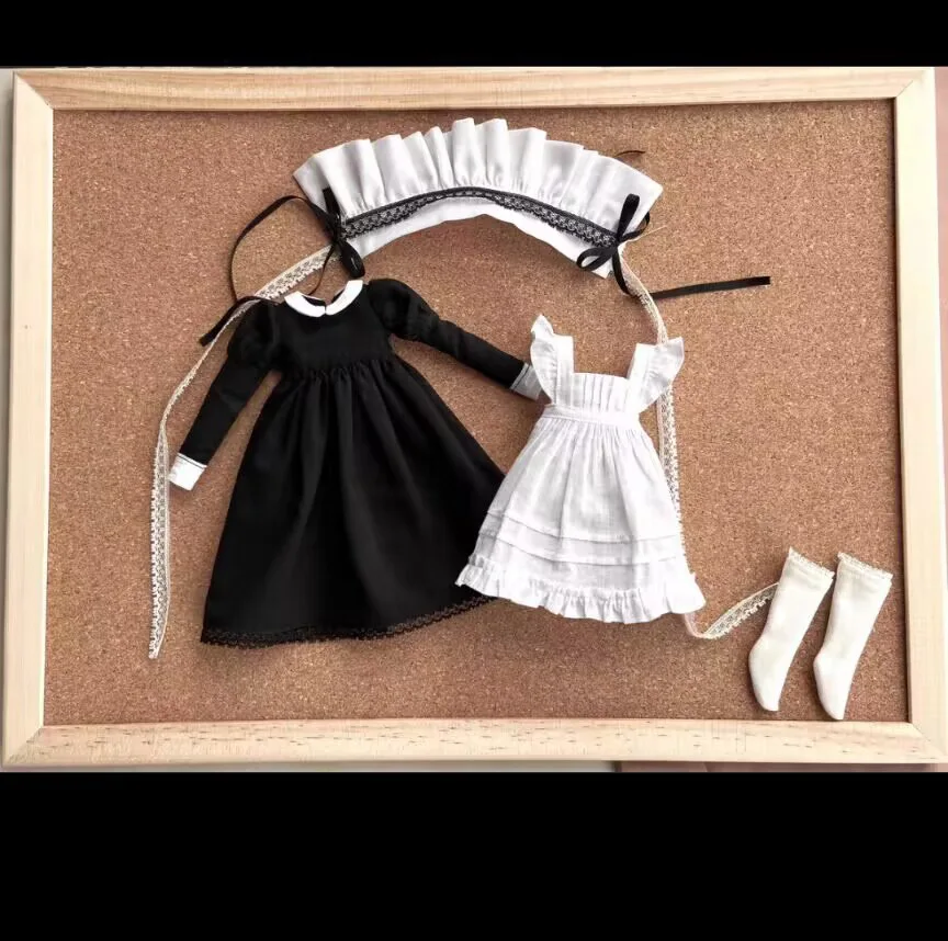Maid Style 4 шт. Landoudou/Blythe Черное платье+арон+головные уборы+носки 1/6 30 см (подходит для