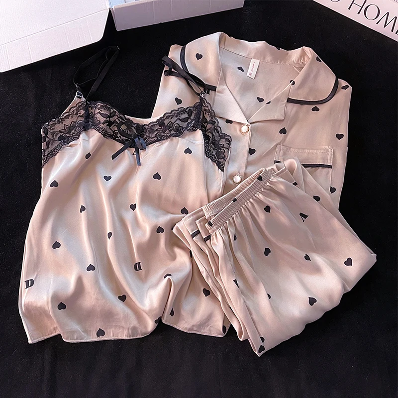

Пижама женская весенне-осенняя летняя высококачественная одежда для сна из ледяного шелка пикантный розовый кружевной комплект из трех предметов на бретельках домашняя одежда