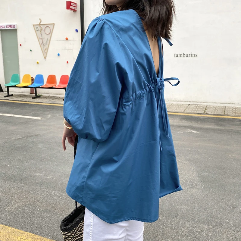 

Solid Color New Summer Women Tops Sexy Backless Korean Style Fashion New Puff Sleeve Tee Shirts Femme Hemd Damen Chemise Vintage