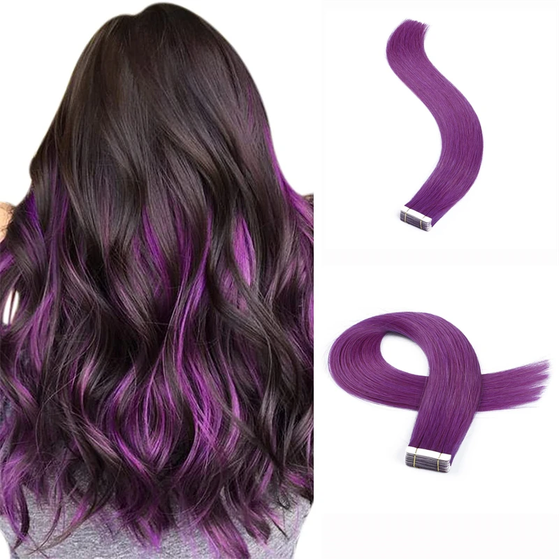 Tape In Human Hair Extensions Skin Weft Hair Extensions Adhesive Invisible Light Purple Cosplay Silky Straight Human Hair