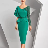 mother of the bride dresses 2022 v neck lace long sleeves short wedding guest gown green tea length formal party dress bodycon