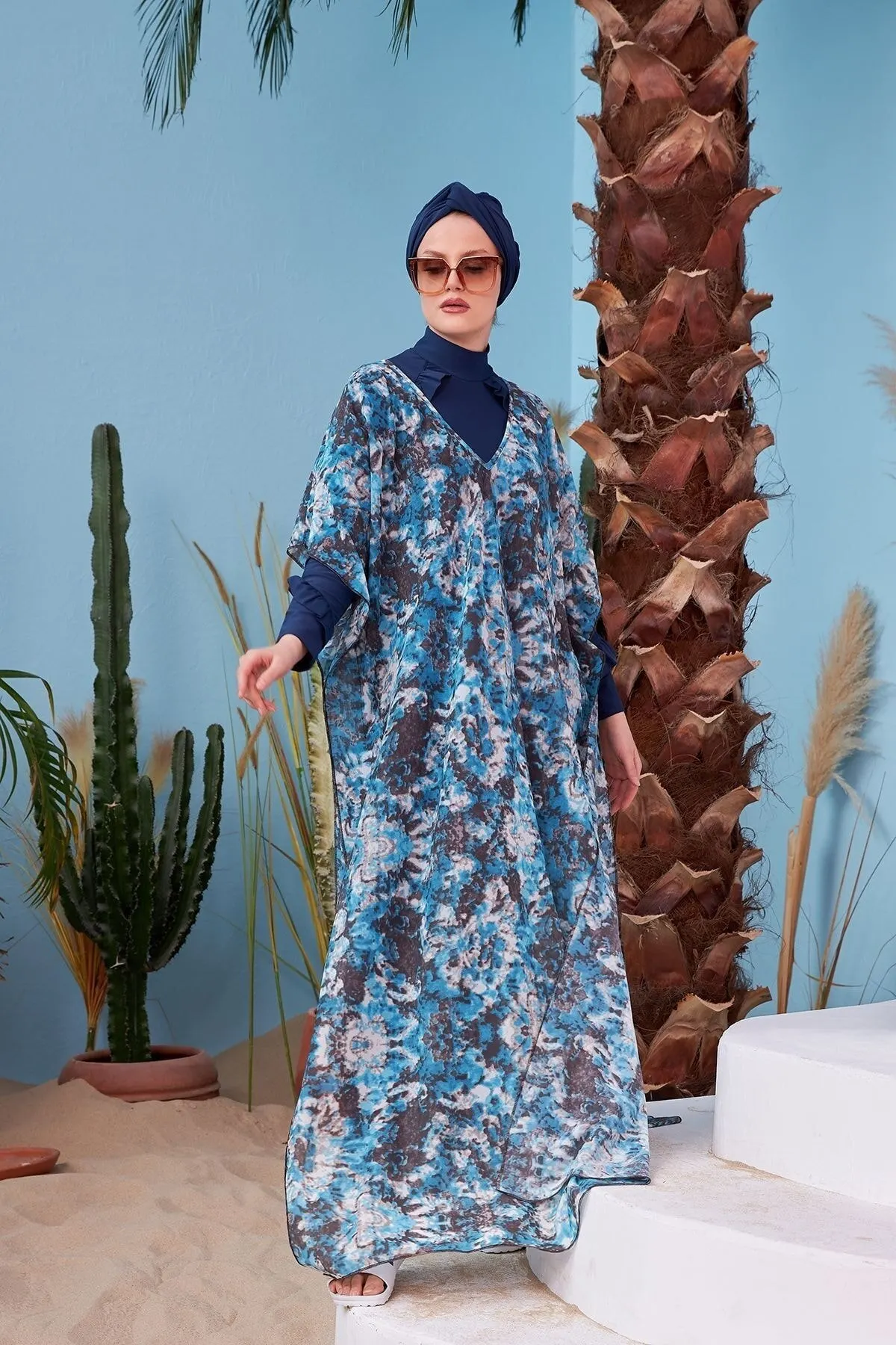 

Women's Pareo Kaftan Tie Dye Pattern Blue Swimwear Cover Dress Sexy Tunic Suit Beachwear Female Beach Bikini Cover