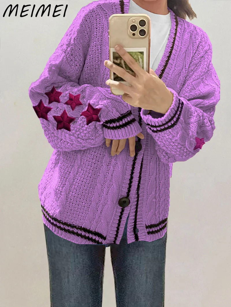 

Women Spring Autumn Knitted Casual Solid Color V Neck Black Bright Line Star s Vintage Embroidery Sweater Coat