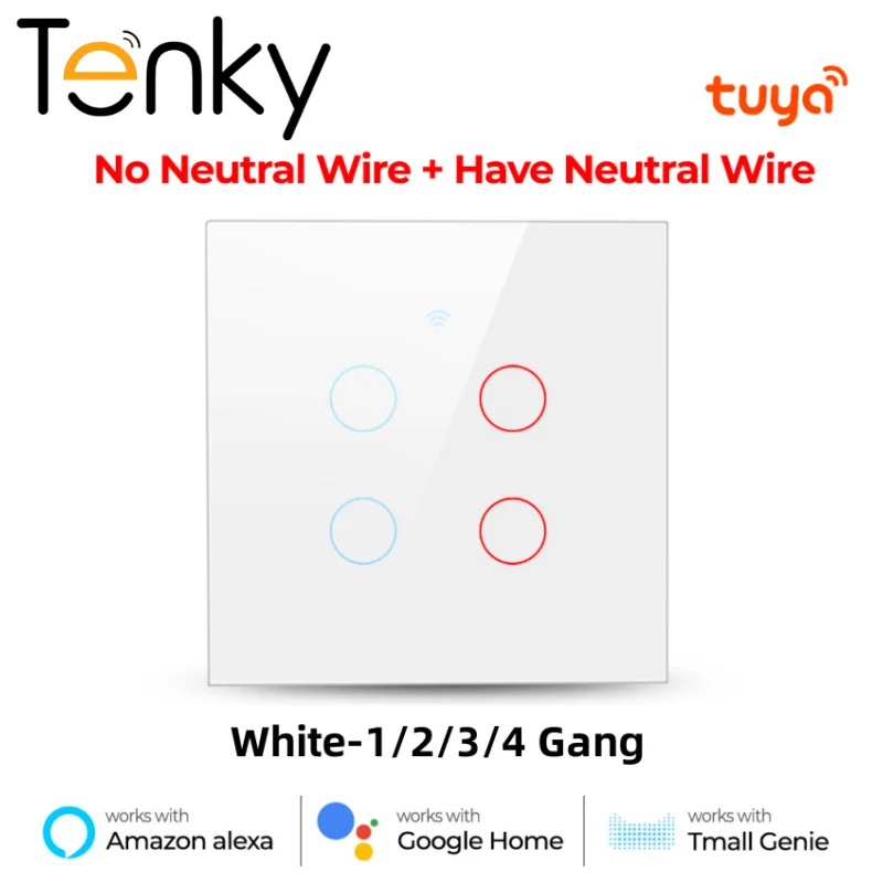 

Tenky Tuya WiFi Smart Touch Switch 1/2/3/4 Gang Home Light Wall Button Smartlife Remote Control Works With Alexa Google Home
