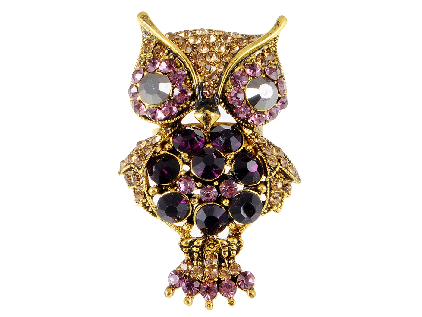 

Golden Tone Purple Crystal Rhinestone Adjustable Midnight Owl Animal Ring